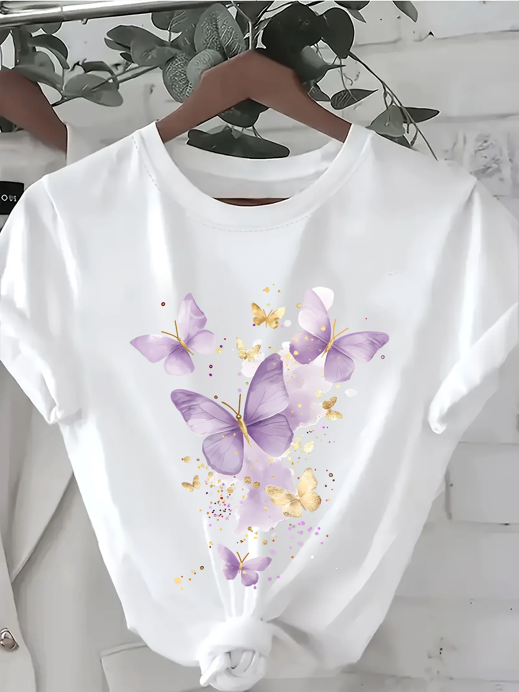 Damen Casual Lila Schmetterling Print T-Shirt Print T-Shirt Damen Harajuku Kurzarm Casual Damen T-Shirt Kleidung Street