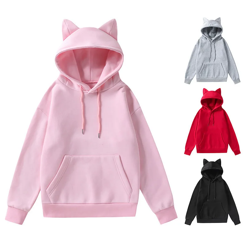 Women's Cat Ear Design Hooded Fleece Sweatshirt Casual Fashion Spring Autumn New Style V-neck Female Clothing Hoodies Women