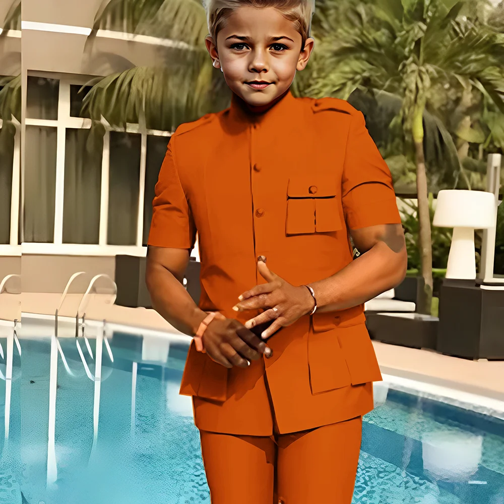 Jungenanzüge, Blazer, kurzärmelig, normale Länge, 2-teilig, Jacke, Hose, einreihig, Stehkragen, maßgeschneidert, schmale Passform, Kinderanzug Image
