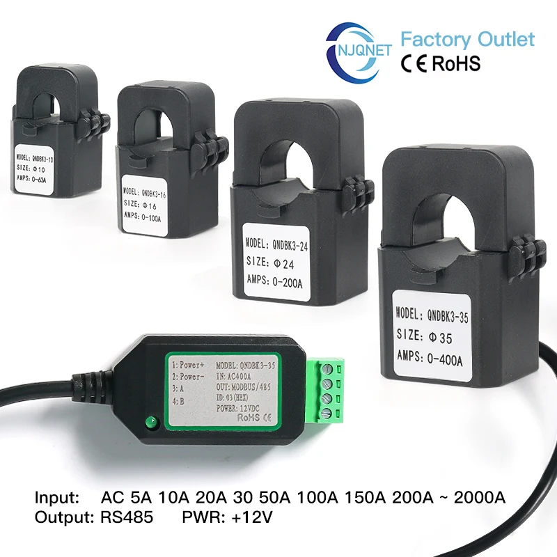 Trasformatore di corrente split core Modbus QNDBK3-10 Ac 5A 10A 20A 50A 100A Sensore RS485 Morsetto trasduttore Trasmettitore di corrente aperto Ct