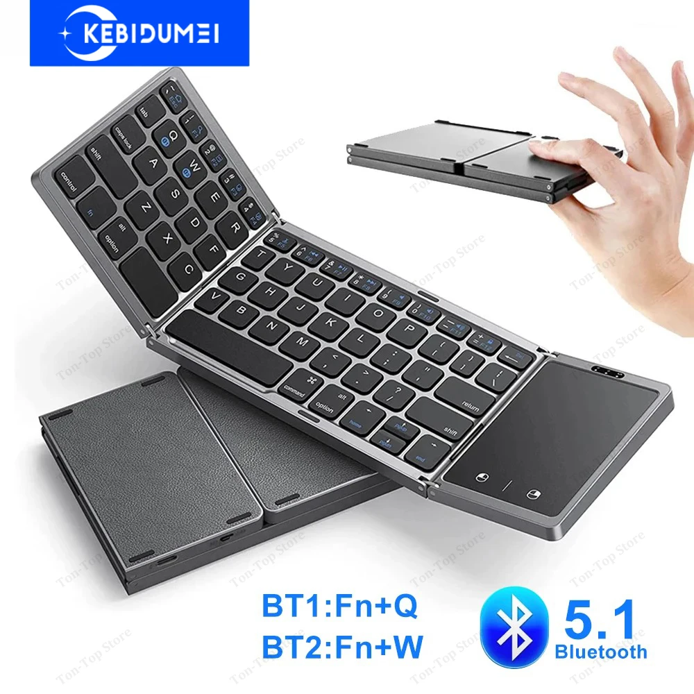 Dual Bluetooth 5.1-Tastatur, 3-fach faltbare Mini-Tastatur, wiederaufladbare faltbare Tastatur mit Touchpad für Windows, Android, iOS, iPad Image
