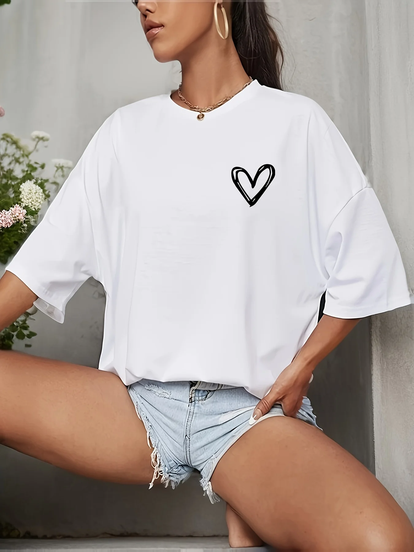 Mit Herz Applique Grafik Gedruckt T Shirt Frauen Sommer Oversize Weibliche Kleidung Elegante O Neck Dame Top Y2k Kurzarm T-shirts Image
