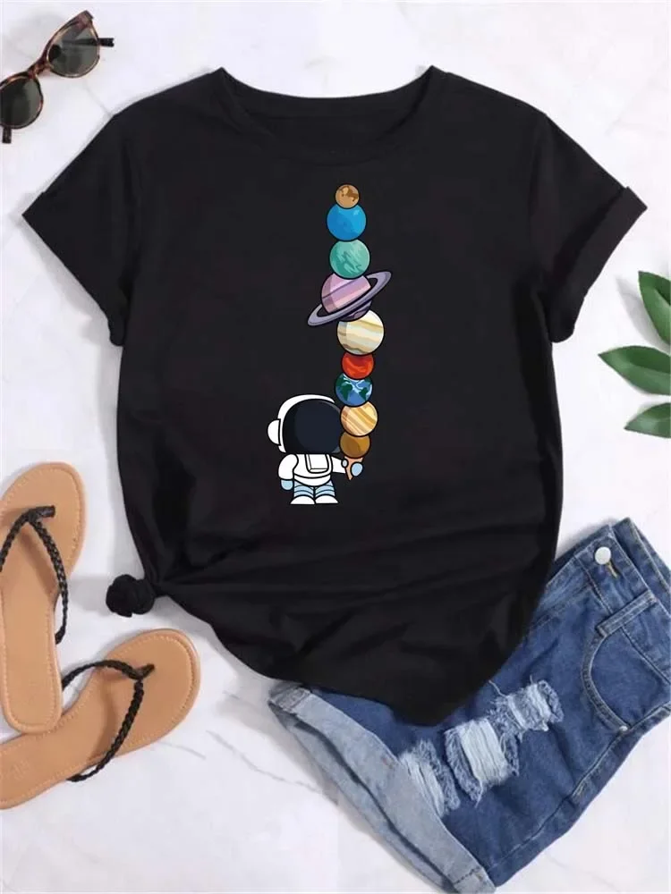 T Shirt Frauen Mond Planet Drucken Mode T-shirts Casual Rundhals Kurzarm Streetwear Weibliche T-Shirt Vintage Tops Image