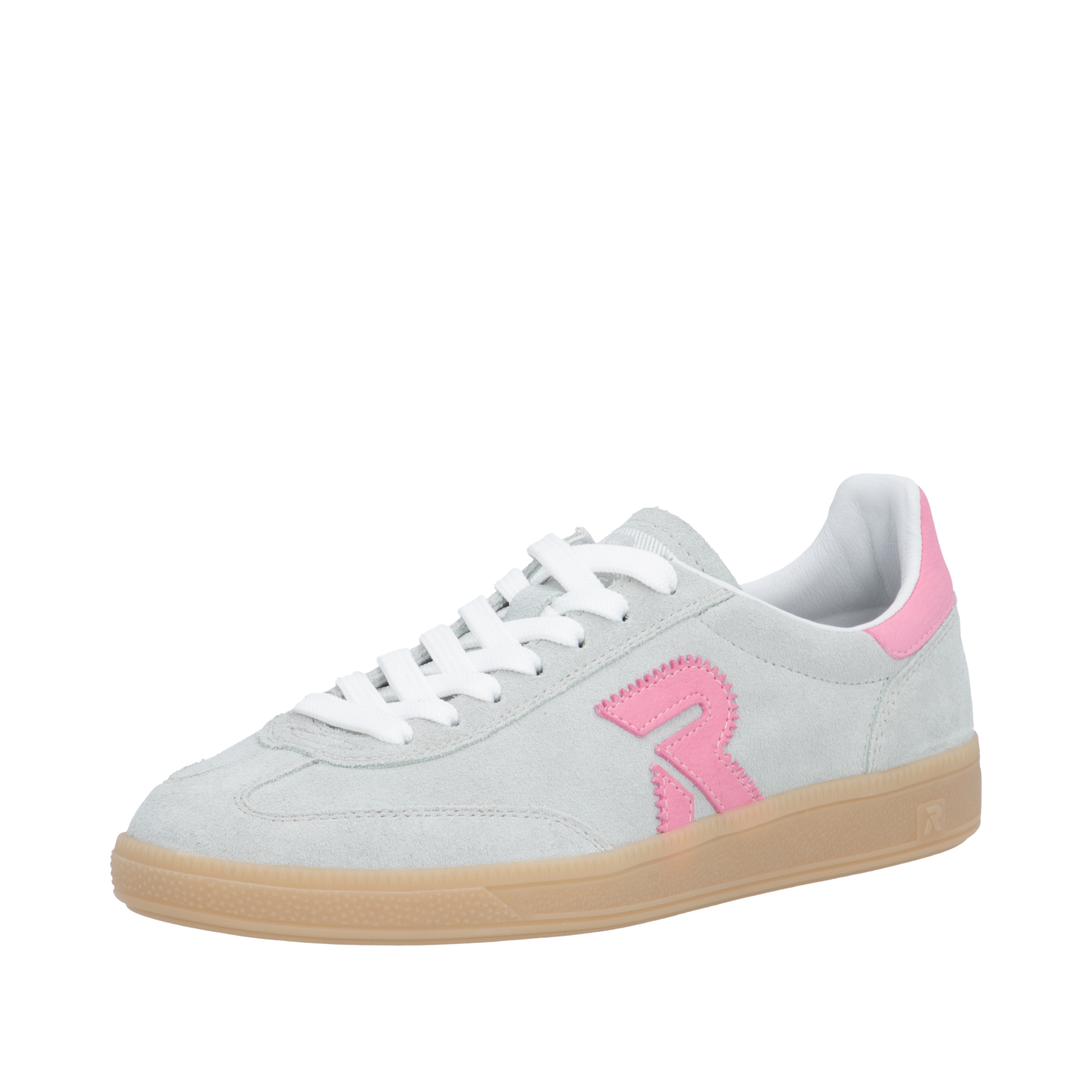 Sneaker RIEKER SPORT "San Diego Swing2GO", Damen, Gr. 37, eisblau, rosa, Veloursleder, unifarben mit Farbeinsatz, Schuhe Sneaker, Retro-Sneaker, Freizeitschuh, Halbschuh mit herausnehmbarem Fußbett