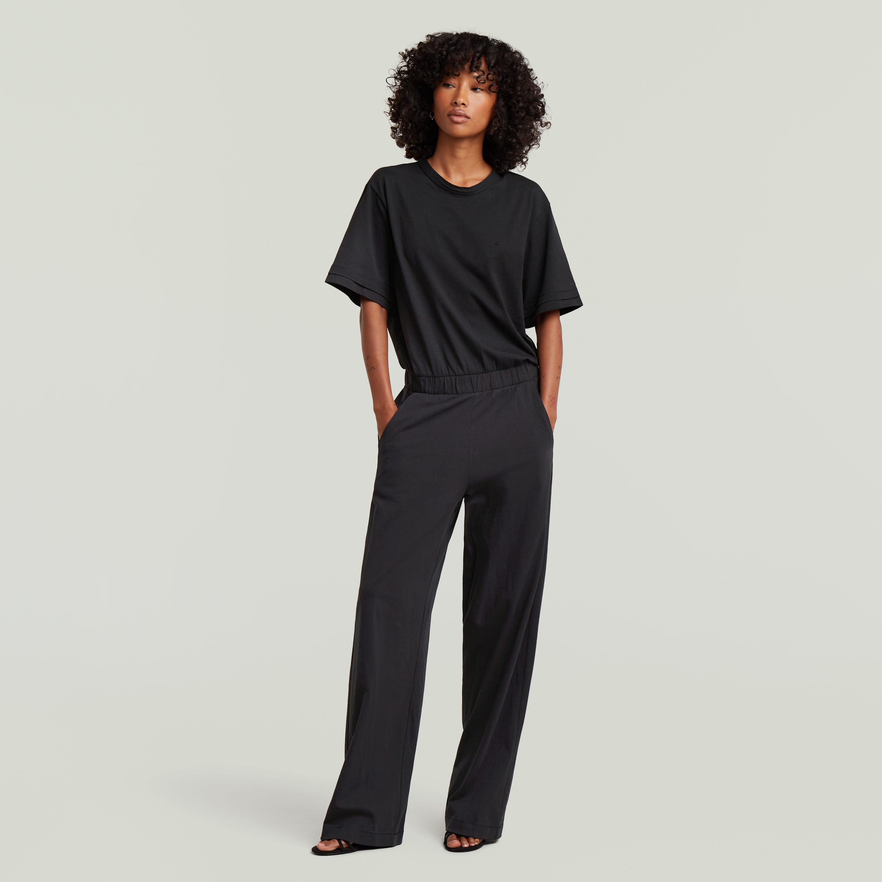 Jumpsuit G-STAR "Jersey Jumpsuit Wmn", Damen, Gr. M, N-Gr, dk schwarz, Jersey, Obermaterial: 100% Baumwolle, unifarben, gerade lang, Rundhals, Overalls Jumpsuit, mit elastischem Bund