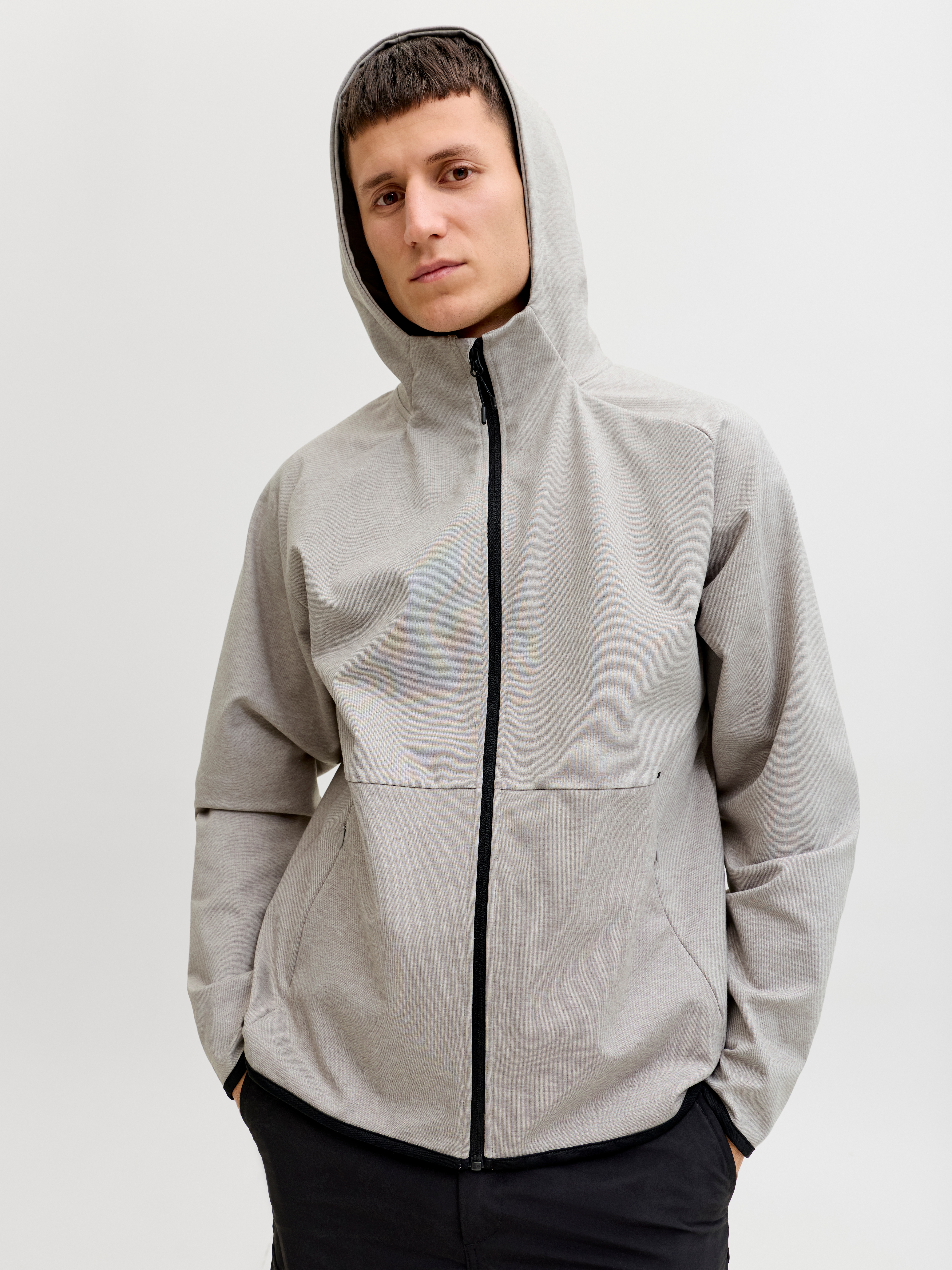 Sweatshirt JACK & JONES "JJEBASE SWEAT ZIP HOOD SN", Herren, Gr. S, light grau melange, angeraute Sweatware, Obermaterial: 75% Polyester, 21% Baumwolle, 4% Elasthan, meliert, Sweatshirts Sweatshirt, mit Kaputze