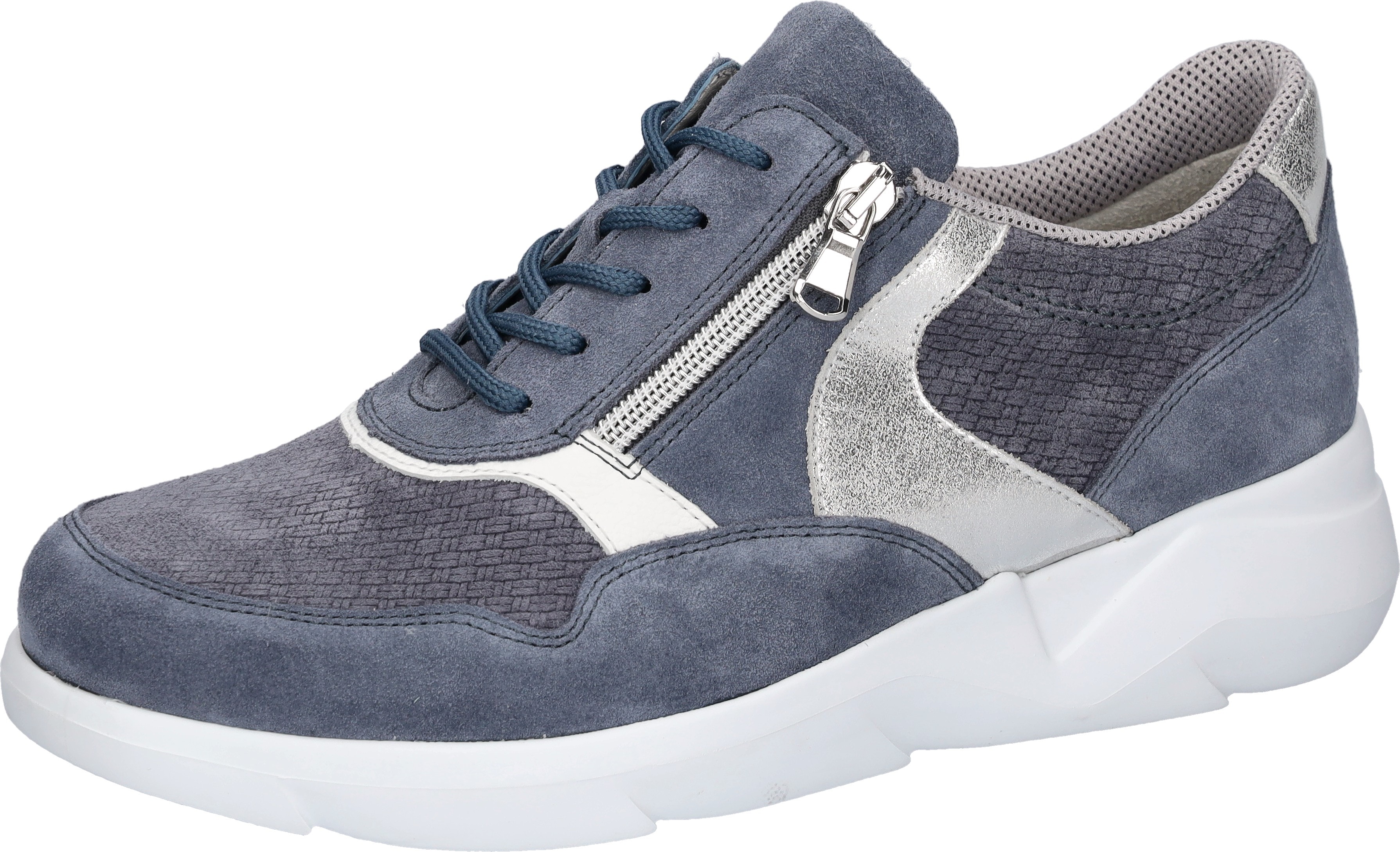 Sneaker WALDLÄUFER "K-FUNKY", Damen, Gr. 6,5, jeansblau, äsilberfarben, weiß, Nappaleder, Veloursleder, unifarben mit Farbeinsatz, Schuhe Sneaker, Schnürschuh, Komfortschuh mit seitlichem Reißverschluss, K-Weite