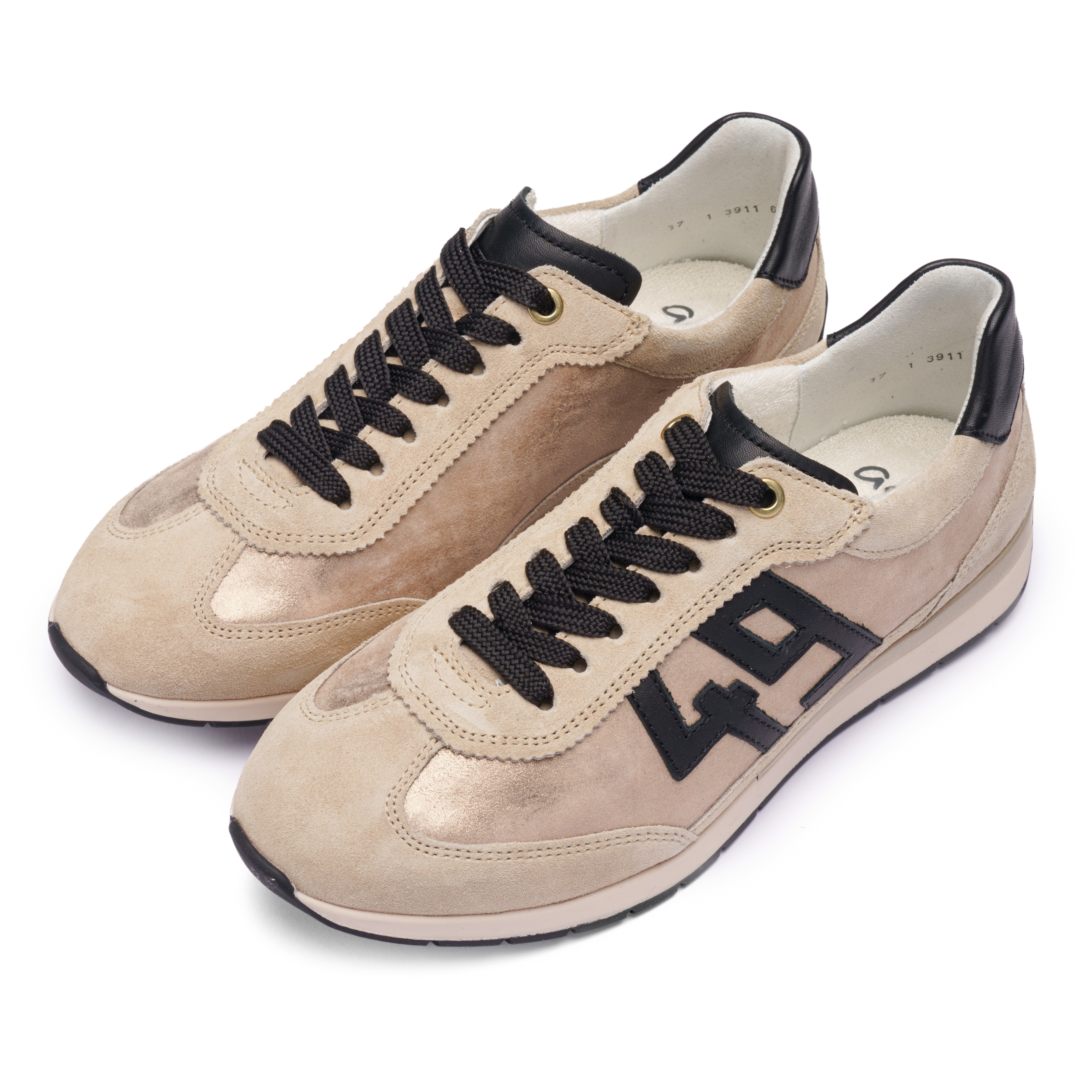 Sneaker ARA "PORTOFINO", Damen, Gr. 40, hellbeige, schwarz, Glattleder, Veloursleder, Schuhe Sneaker, Freizeitschuh, Halbschuh, Schnürschuh in Bequemweite G 1/2 (= weit)
