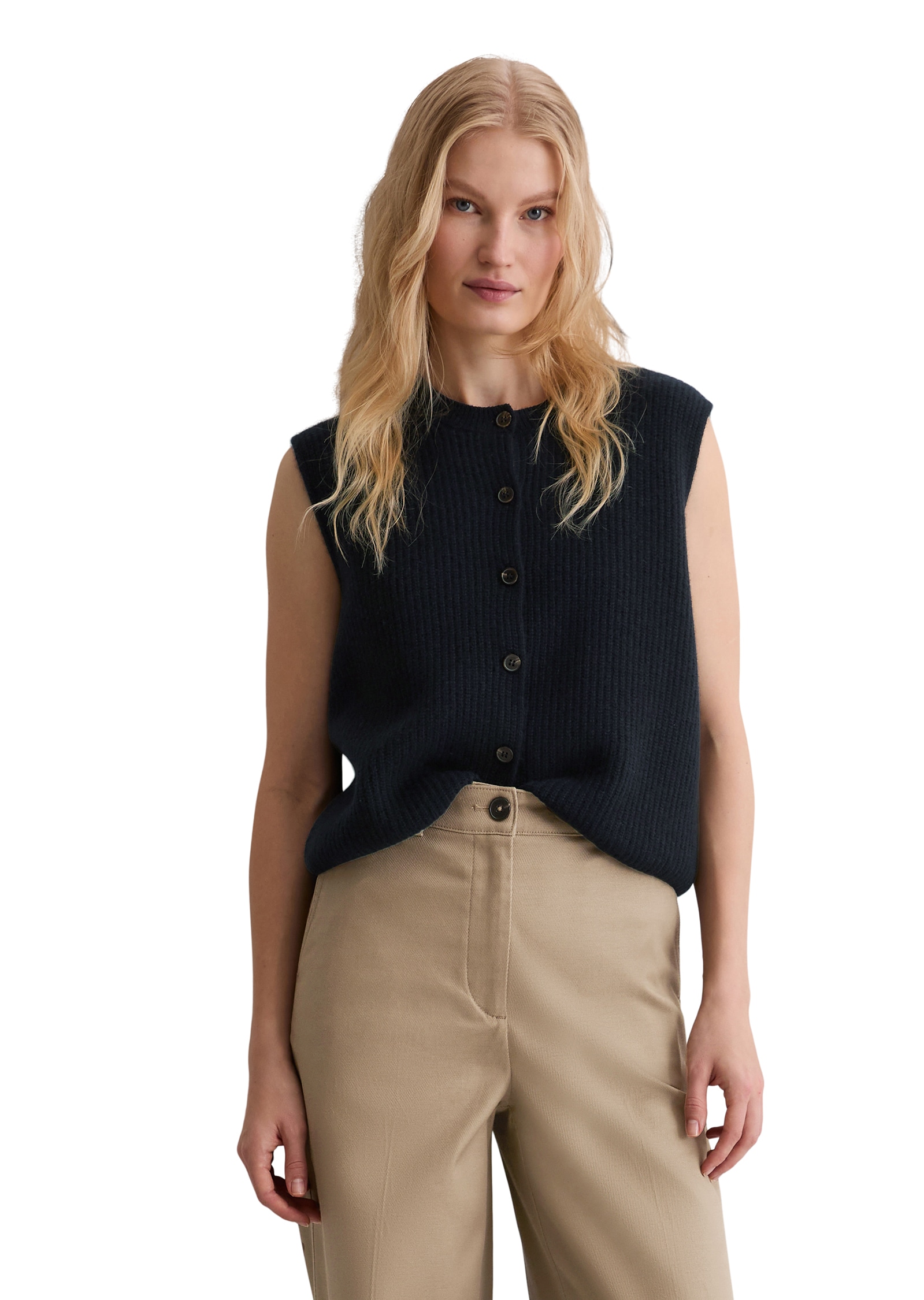 Strickweste MARC O'POLO, Damen, Gr. XS, deep night blau, Strick, Obermaterial: 73% Schurwolle, 18% Polyamid, 9% sonstige Fasern, slim fit normal, Rundhals, Westen Strickweste, slim fit, aus weichem Wolle-Mix