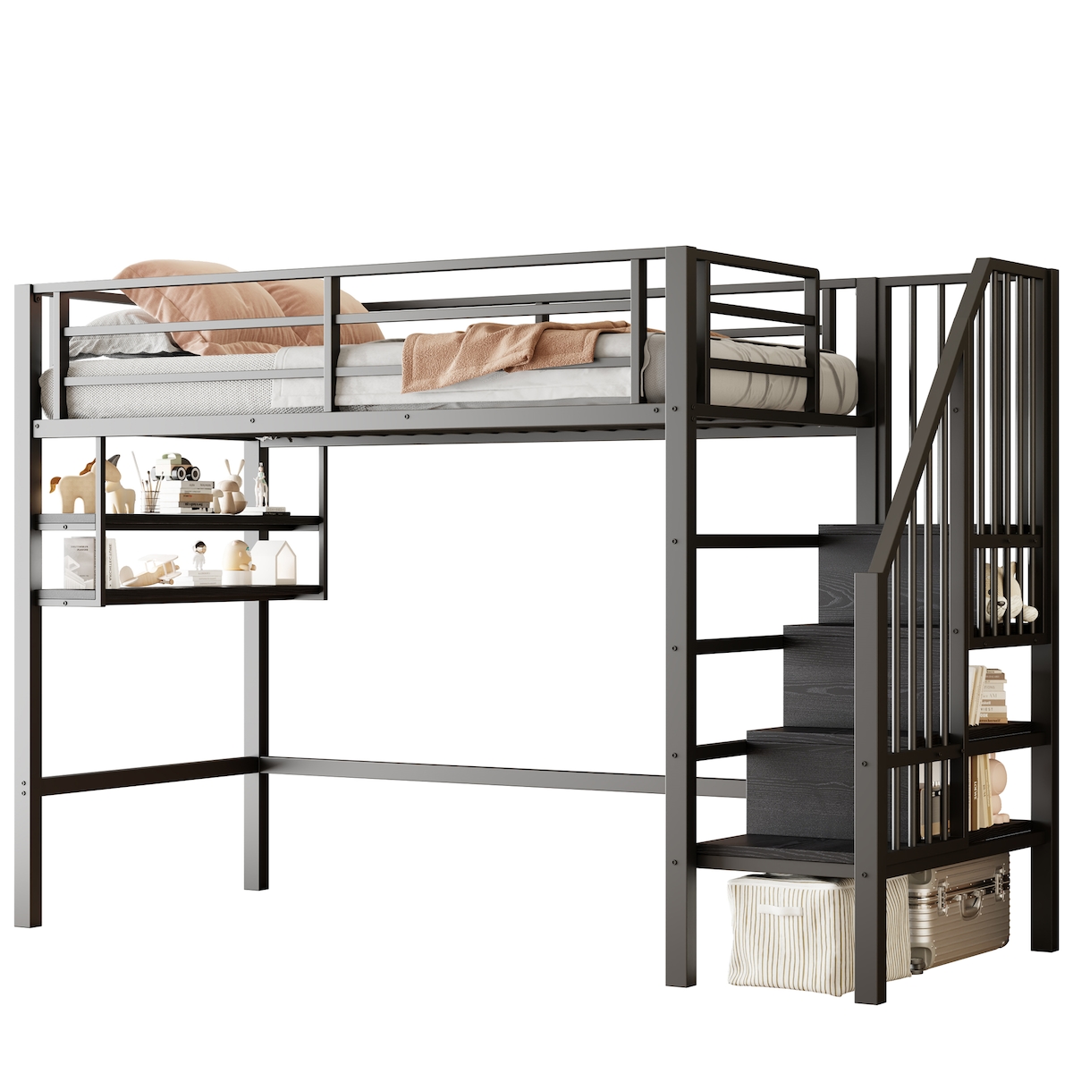 OKWISH Hochbett 90x200 aus Metall mit Stauraumleiter, Regalen und offenem Bereich, stabiles Loftbett mit viel Ablage, modernes Design Schwarz Image