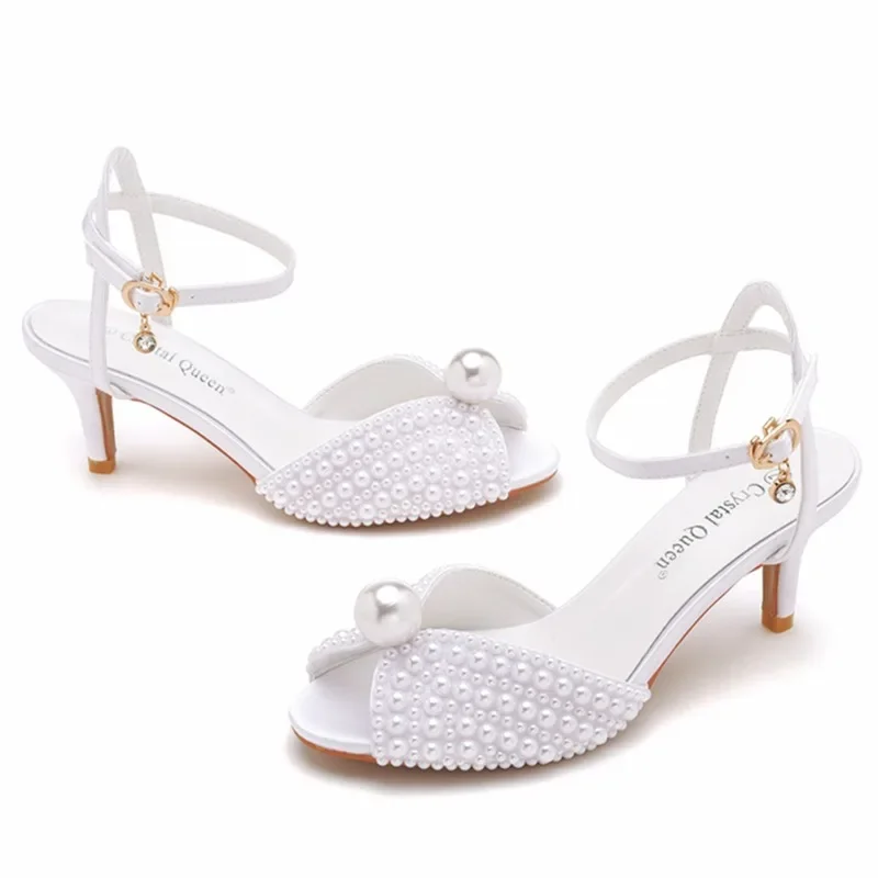 Maogu 6cm Fischmaul hochhackige Sandalen Schnalle Hochzeit Braut Luxus Designer Schuhe Absätze Perle Sandale Damen Schuh Größe 43