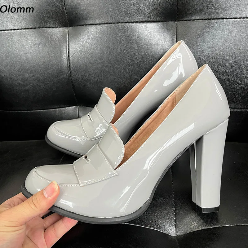 Olomm Handgemachte Damen Frühling Glänzende Pumps Unisx Sexy Blockabsätze Runde Zehen Klassiker Grau Freizeitschuhe Damen Plus US Größe 5-20