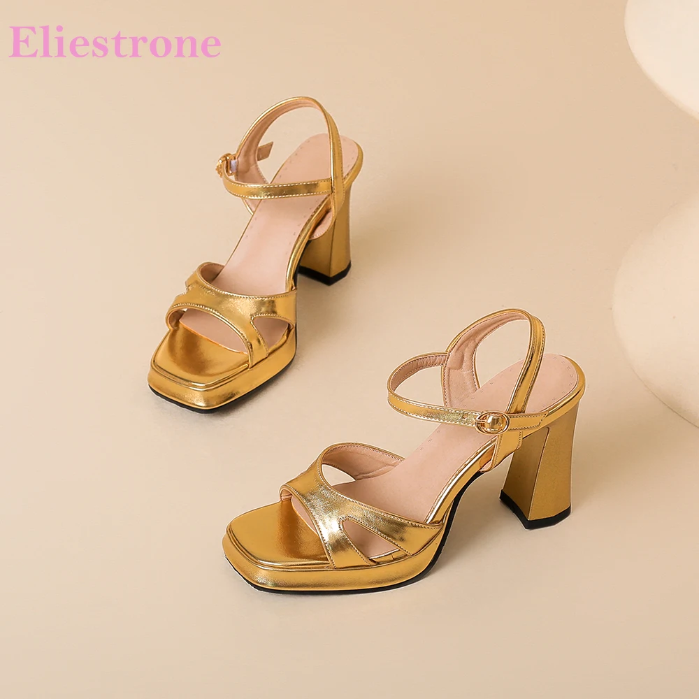 2025 neue Glamour Gold Schwarz Frauen Plattform Sandalen Sexy 9 cm Höhe Quadratische Absätze Dame Casual Schuhe Plus Große Größe 42 46