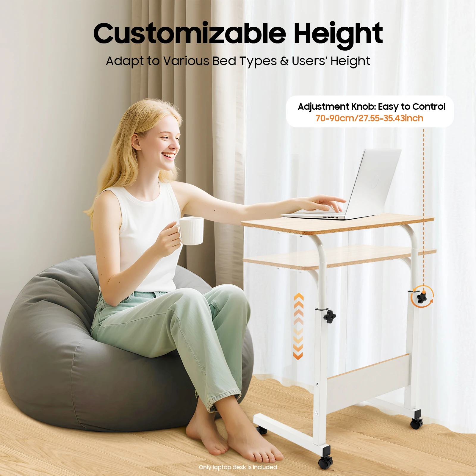 Bartisch mit Rollen, Höhenverstellbarer Laptoptisch 70–90 cm, mobiler Beistelltisch, Laptopständer, Sofatisch für Schlafzimmer und Wohnzimmer