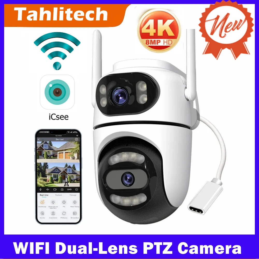 8MP 4K HD Wifi PTZ Telecamera iCsee APP Doppia Lente Doppia Schermi Video Sorveglianza Telecamera IP Ai Tracking Sicurezza Domestica Esterna CCTV