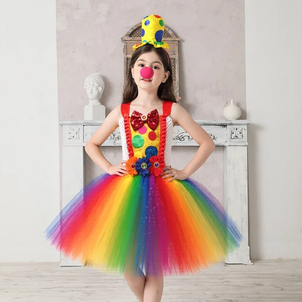 Costume da circo multicolore da clown per ragazze Divertente Joker Vestito da tutu di Halloween Bambini Fantasia Festa di compleanno Spettacolo Abiti di carnevale