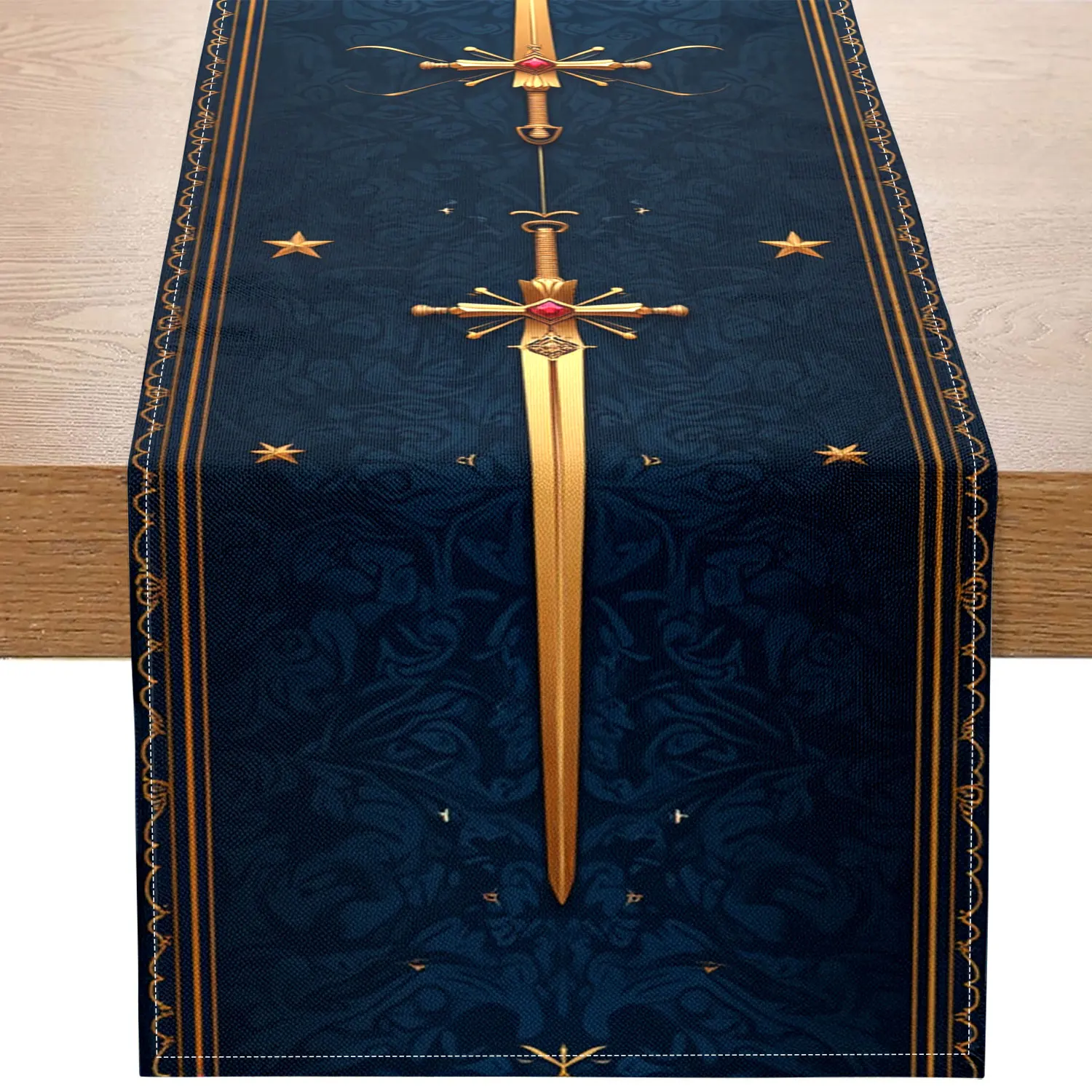 1-teiliger Tischläufer im mittelalterlichen Stil, verziert mit Schwertern und Kreuzmustern, geeignet für Retro-Partys und thematische Heimdekoration Image