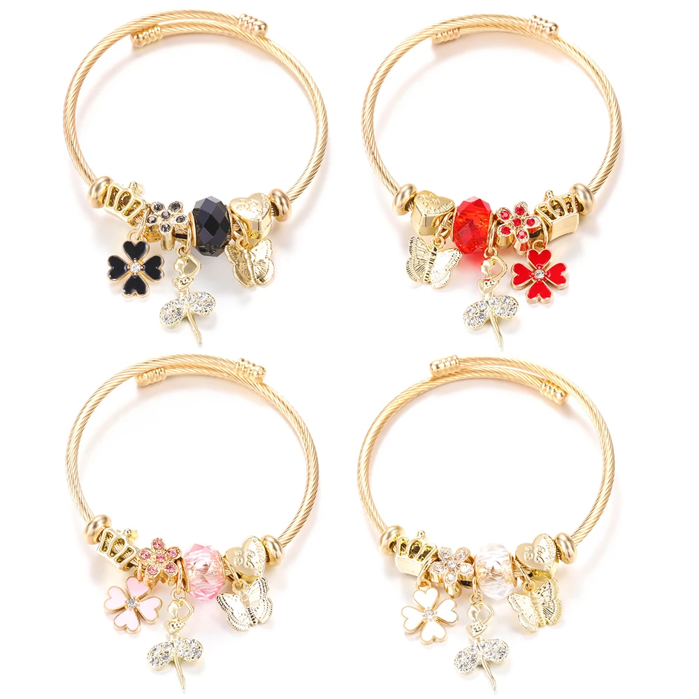 Trendy Goldene Edelstahl Ballett Mädchen Herz Form Schmetterling Anhänger 4 Farben Perlen Armband Verschluss Armreifen Frauen Schmuck Image