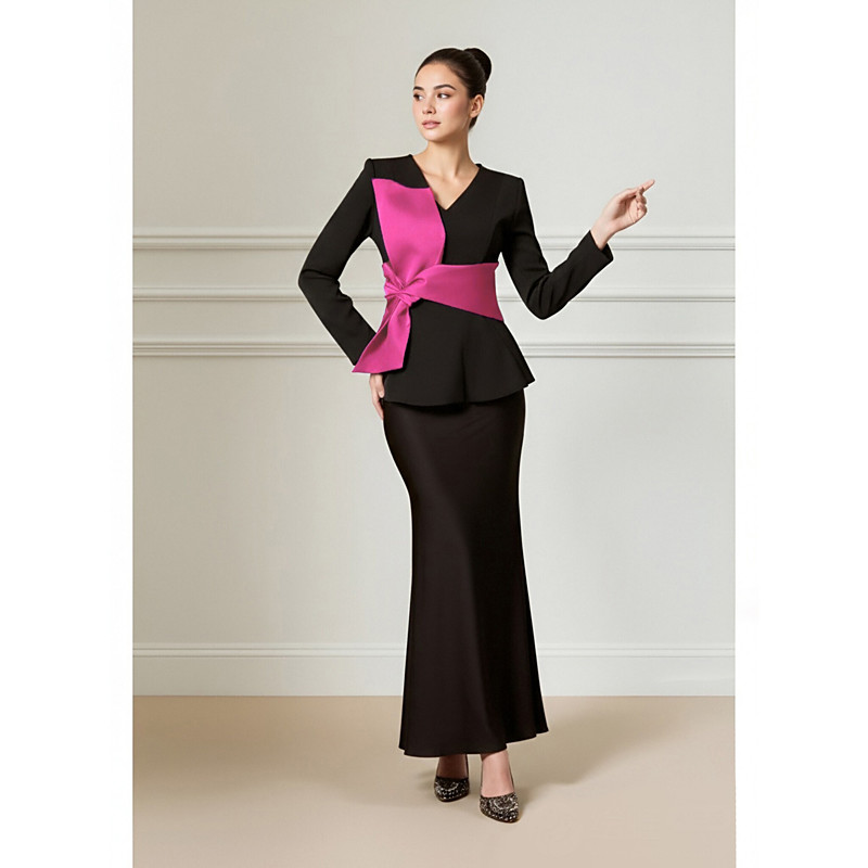 Two Piece Sheath Column Dress Ankle Length Wedding Guest Dress Mother of the Bride Dress Long Sleeve V Neck Elegant Black Dress Formal Wedding Party Family Gathering Satin with Sash / Ribbon