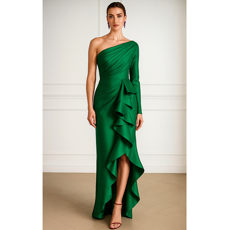 Sheath Column Asymmetrical Floor Length Cocktail Dresses Party Dresses Elegant Black Dress Silky Long Sleeve One Shoulder Wedding Formal Capes Satin with Ruffles