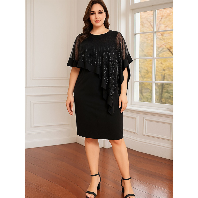 Sheath Column Knee Length Party Dress Cocktail Dress Wedding Guest Dress Mother of the Bride Dress Half Sleeve Crew Neck Black Dress Plus Size Sparkle Shine Formal Evening Wedding Party Chiffon