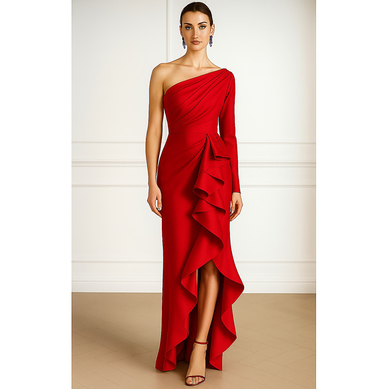Sheath Column Asymmetrical Floor Length Cocktail Dresses Party Dresses Elegant Black Dress Silky Long Sleeve One Shoulder Wedding Formal Capes Satin with Ruffles
