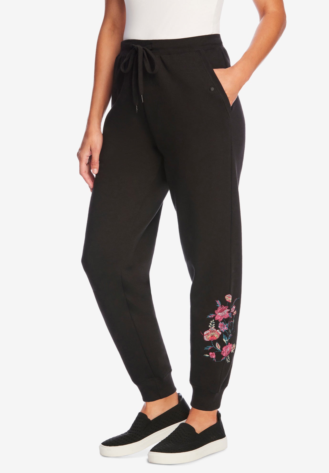 Plus Size Women's Better-Fleece Pull-On Jogger Sweatpants by Woman Within in Black Floral Embroidery (Size 1X)
