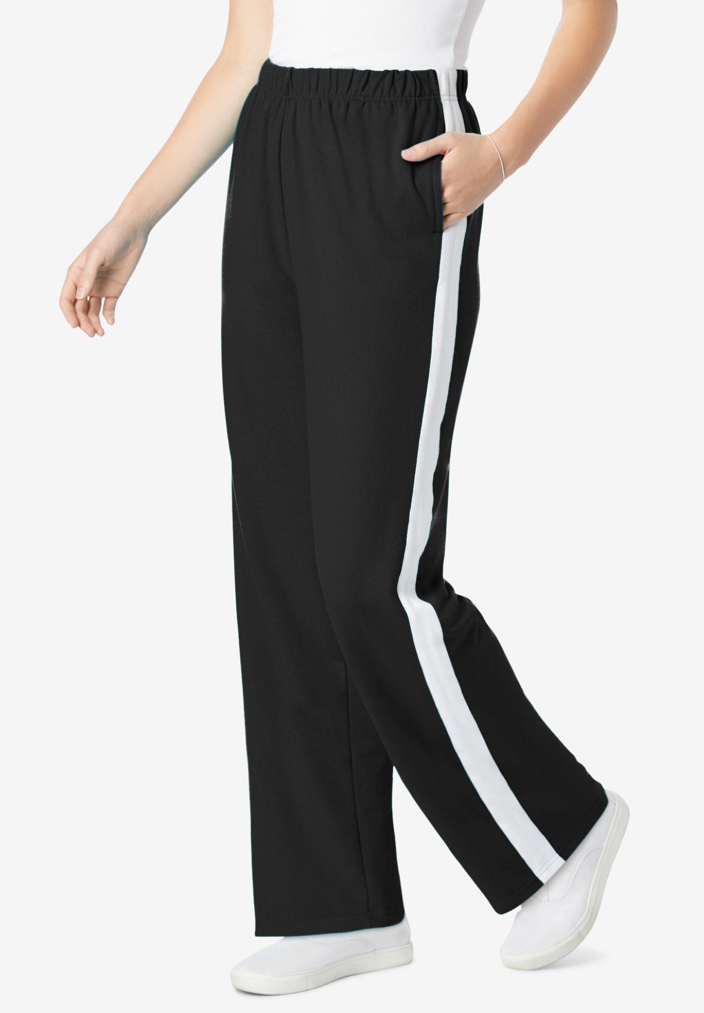 Plus Size Women's Cotton French Terry Straight-Leg Pull-On Side-Stripe Pants by Woman Within in Black White (Size 30/32)
