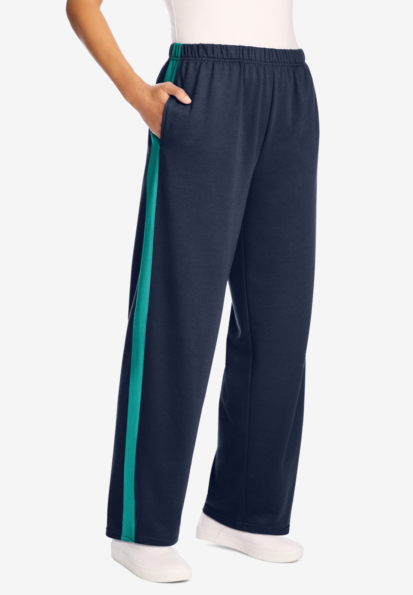 Plus Size Women's Cotton French Terry Straight-Leg Pull-On Side-Stripe Pants by Woman Within in Navy Waterfall (Size 34/36)