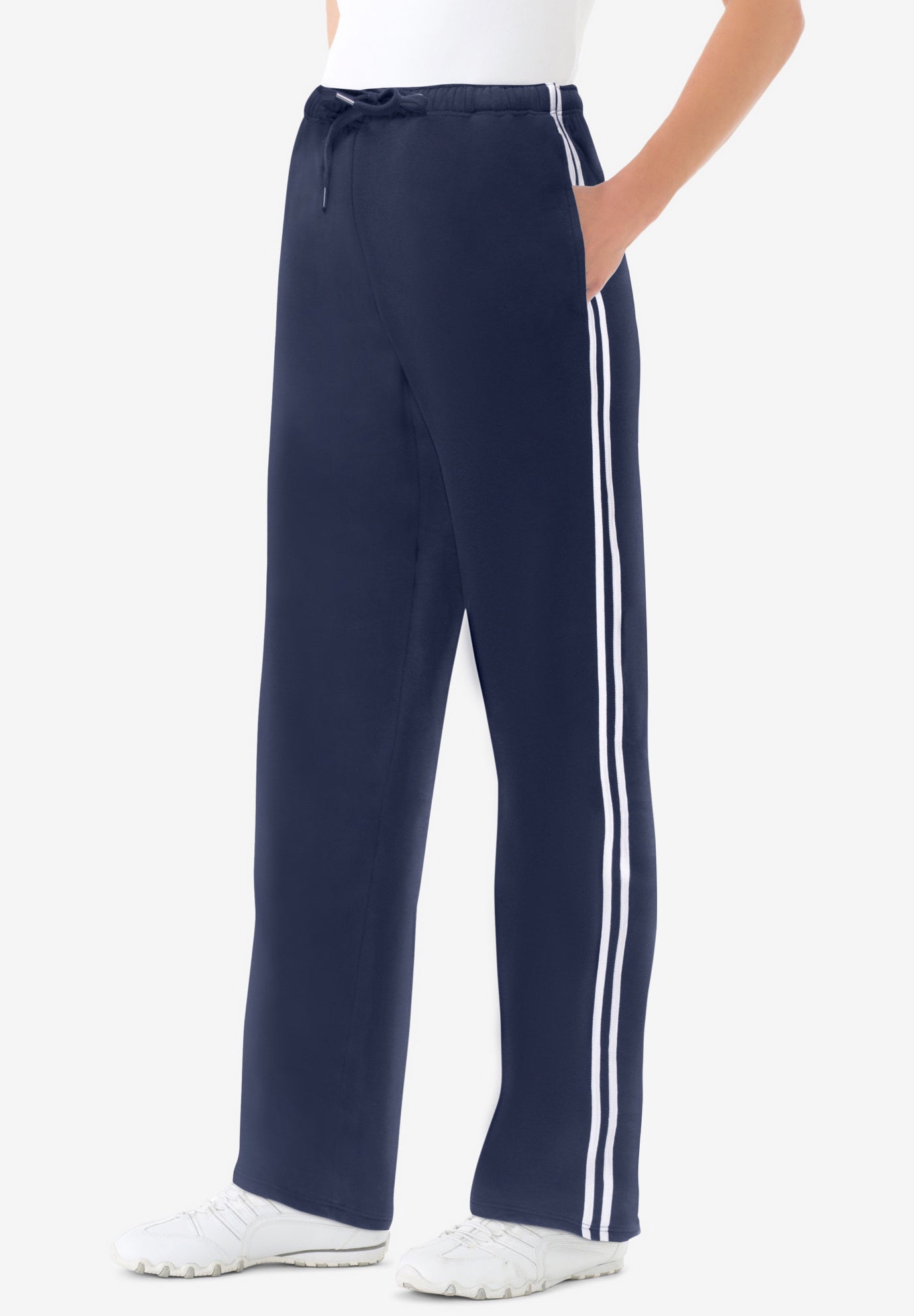 Plus Size Women's Better-Fleece Side-Stripe Pull-On Sweatpants by Woman Within in Navy White (Size M)