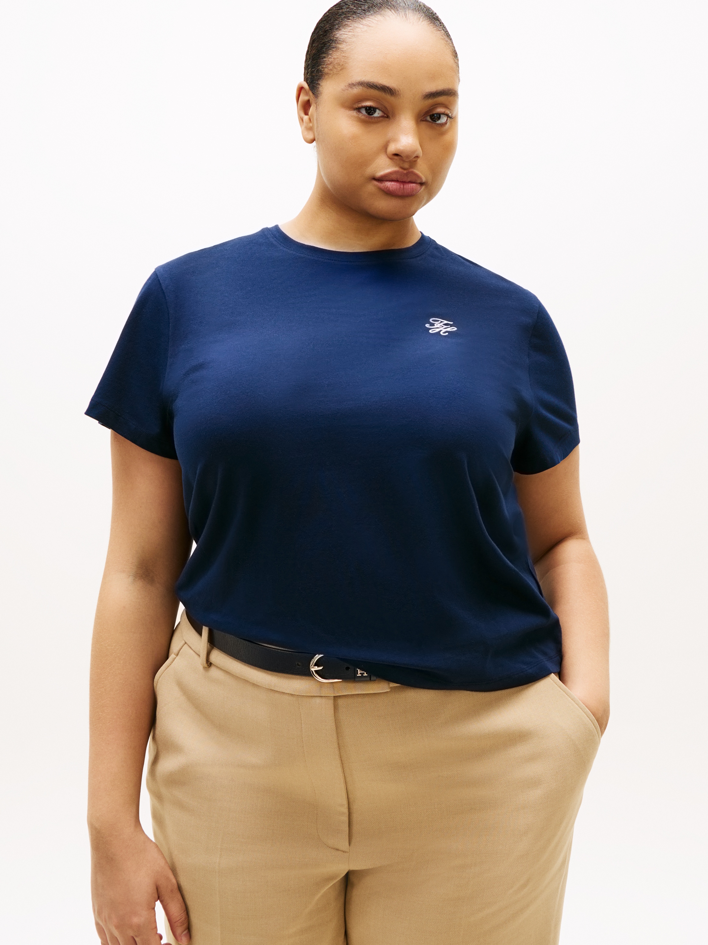 Kurzarmshirt TOMMY HILFIGER CURVE "CRV TH SCRIPT REG C-NK SS TEE", Damen, Gr. 52, schwarz night navy, Single Jersey, Obermaterial: 95% Baumwolle, 5% Elasthan, unifarben, Rundhals, Shirts, in großen Größen