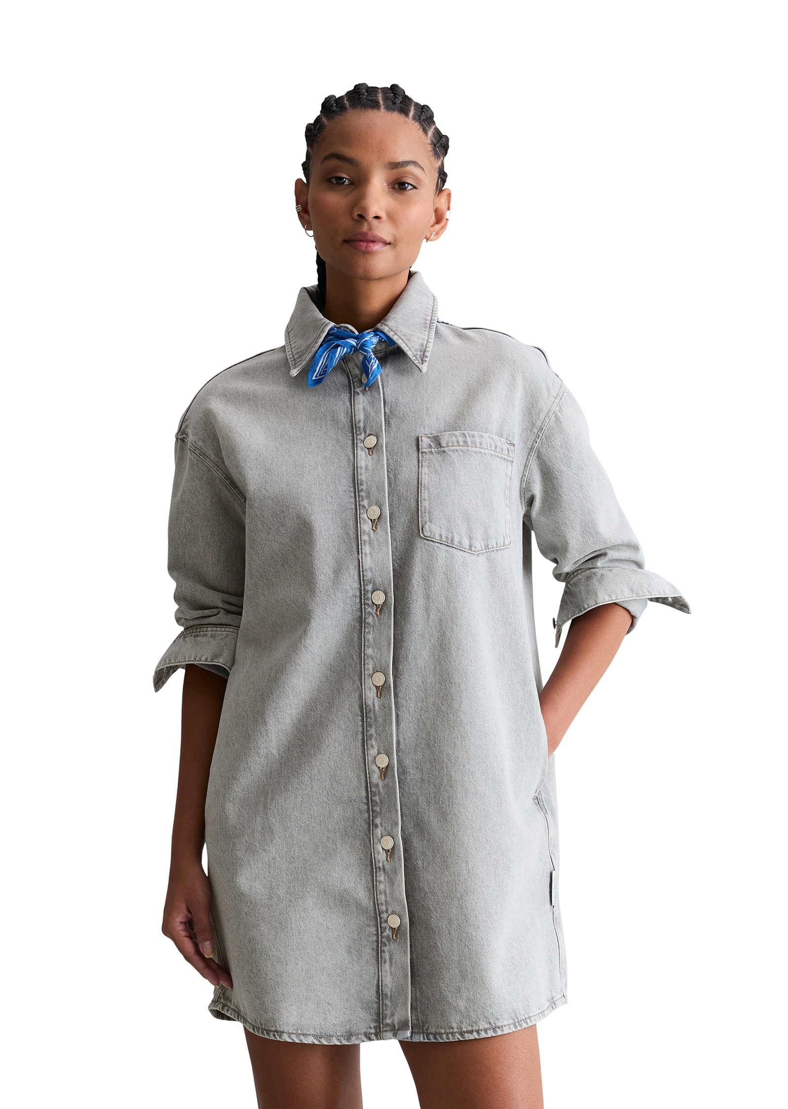 Jeanskleid MARC O'POLO DENIM "aus Rigid Denim", Damen, Gr. M, Normalgrößen, light grau, Obermaterial: 100% Baumwolle, unifarben, oversize knielang, Manschette, Kleider