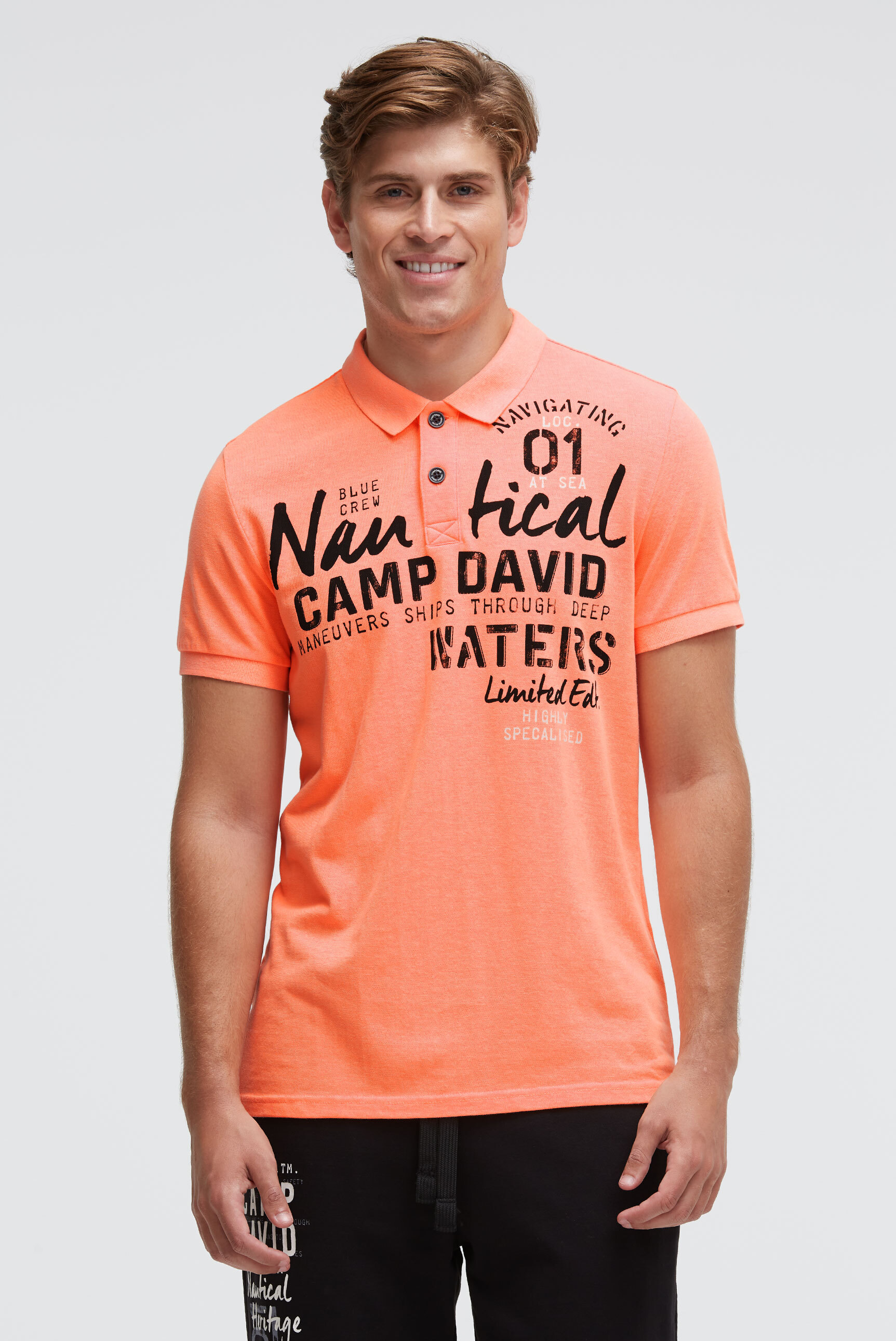 Poloshirt CAMP DAVID, Herren, Gr. XL, speed orange neon, Material: 50% Baumwolle, 50% Polyester, bedruckt, regular fit normal, eingesetzt Rippbündchen, Shirts, mit Baumwolle