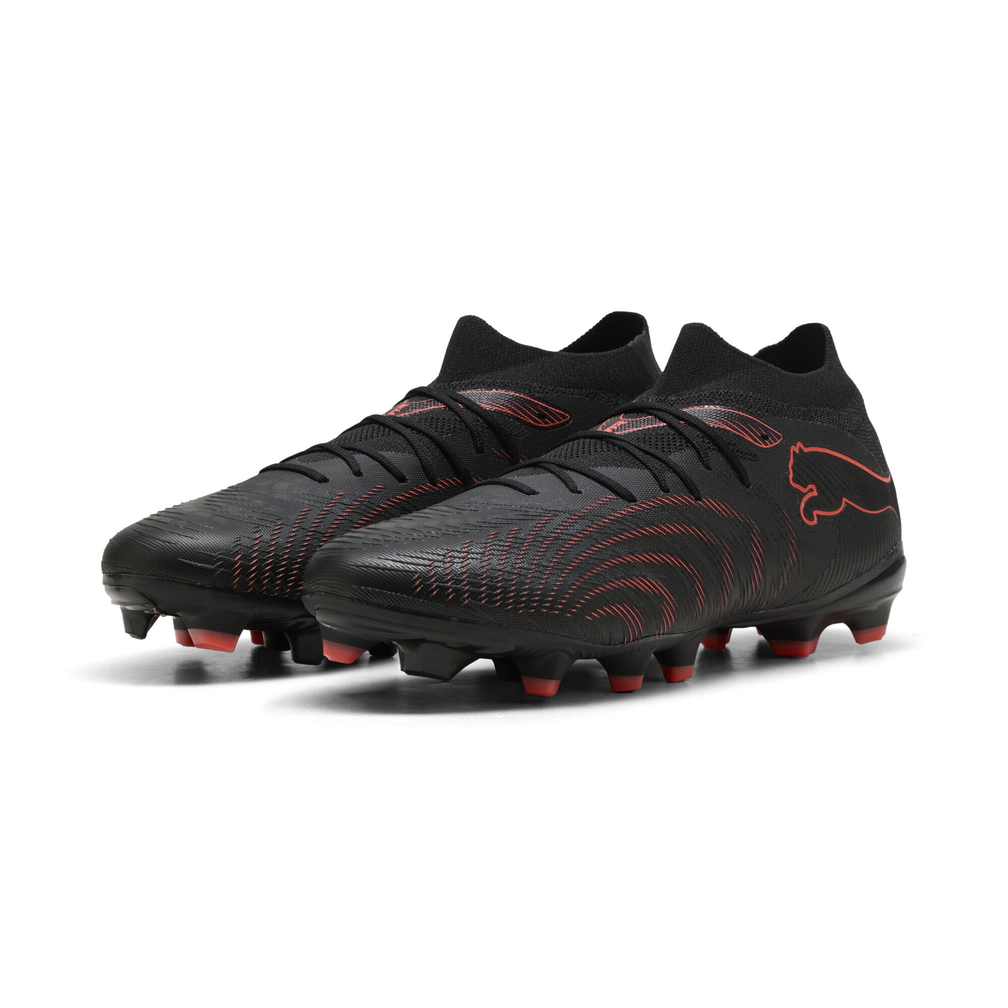 Fußballschuh PUMA "FUTURE 9 MATCH FG/AG Fußballschuhe Erwachsene", Damen, Gr. 40.5, schwarz glowing rot strong gray, Obermaterial: Synthetik, Textil; Futter: Synthetik, Textil; Innensohle: Textil; Laufsohle: Synthetik, Schuhe Fußballschuh