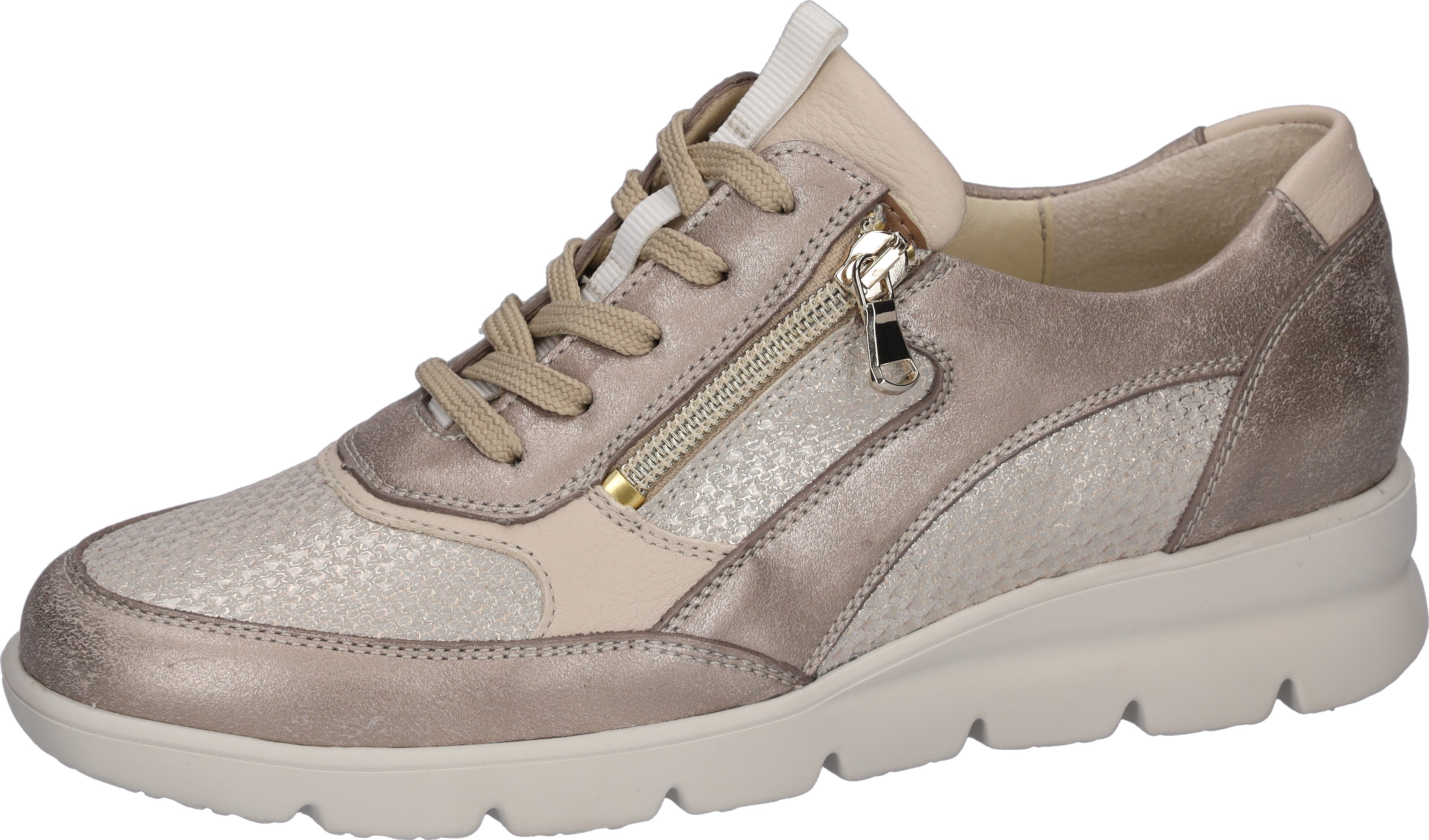Keilsneaker WALDLÄUFER "H-BRUNI", Damen, Gr. 7 (40,5), platinfarben, beige, Nappaleder, Veloursleder, metallic, Schuhe, Schnürschuh, Halbschuh in Bequemweite H (= sehr weit)