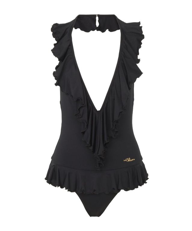 Ruffled V-Neck One-Piece Swimsuit - Black - Chloé Beachwear