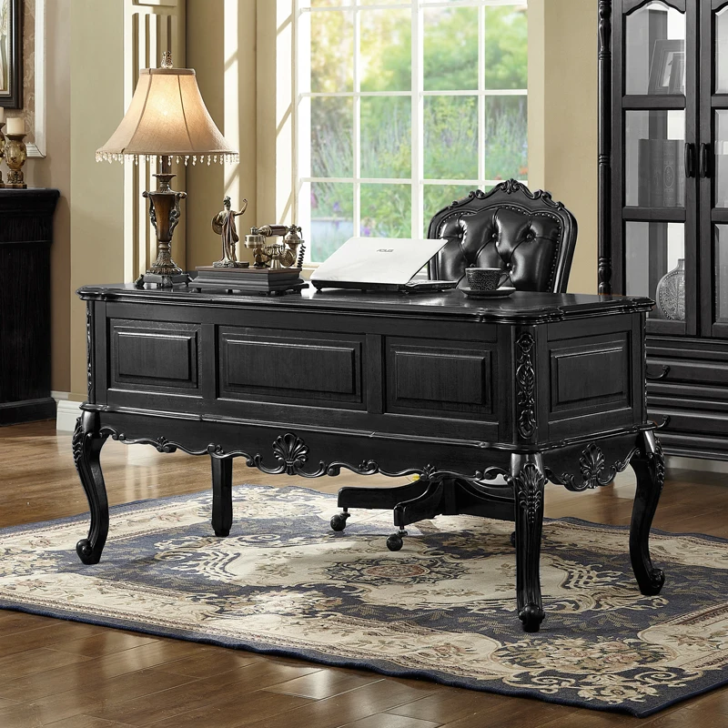 Französischer schwarzer Retro-Schreibtisch aus mittelalterlichem Massivholz für Zuhause, Arbeitszimmer, Schlafzimmer, europäischer Boss, Büro, Computer-Schreibtisch Image