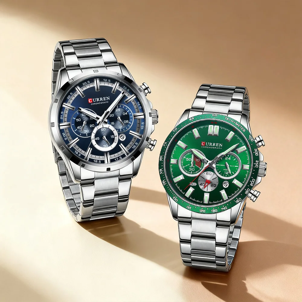 CURREN Herren-Chronogaph-Armbanduhr mit Edelstahlband, modische Sport-Quarz-Armbanduhr für Herren, automatisches Datum Image
