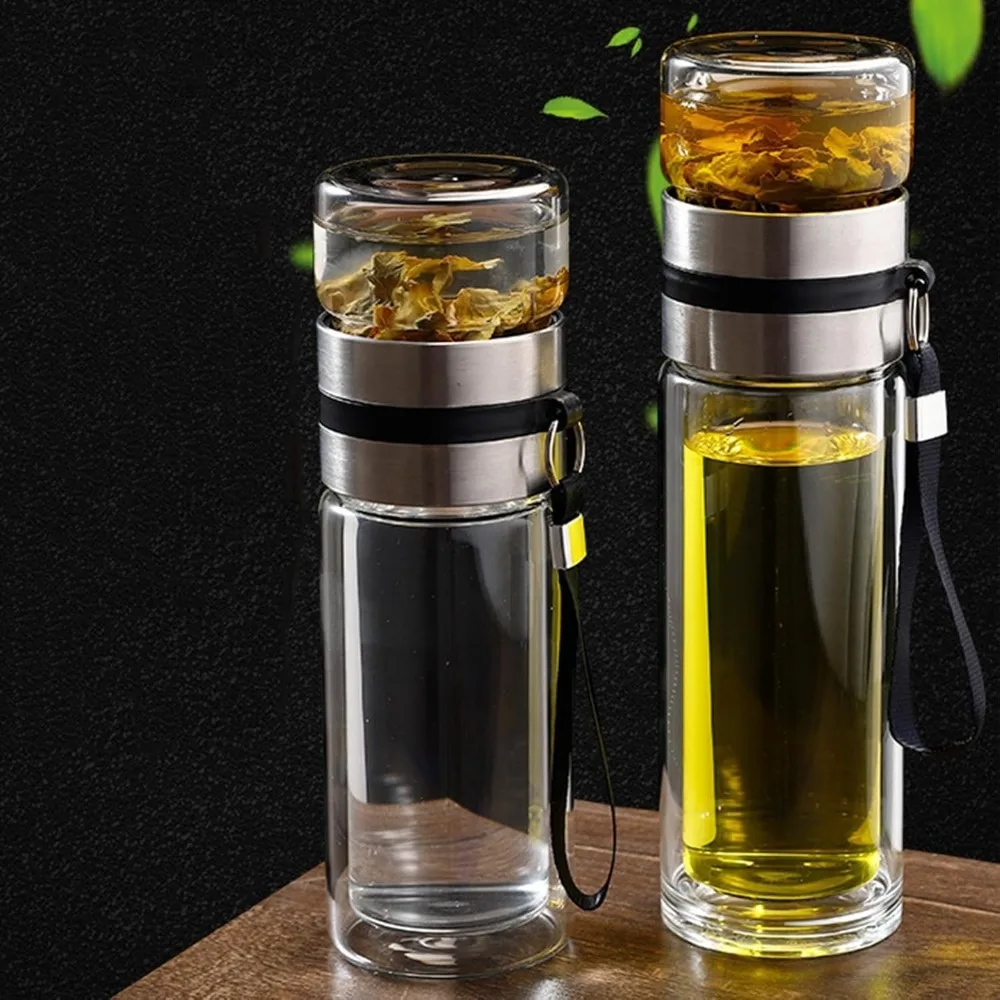 350/500ML Glas Tee Brauen Doppel-schicht Trennung Tee Wasser Tasse mit Tragbaren Griff Auslaufsicher Reise Tasse enthält BPA Image