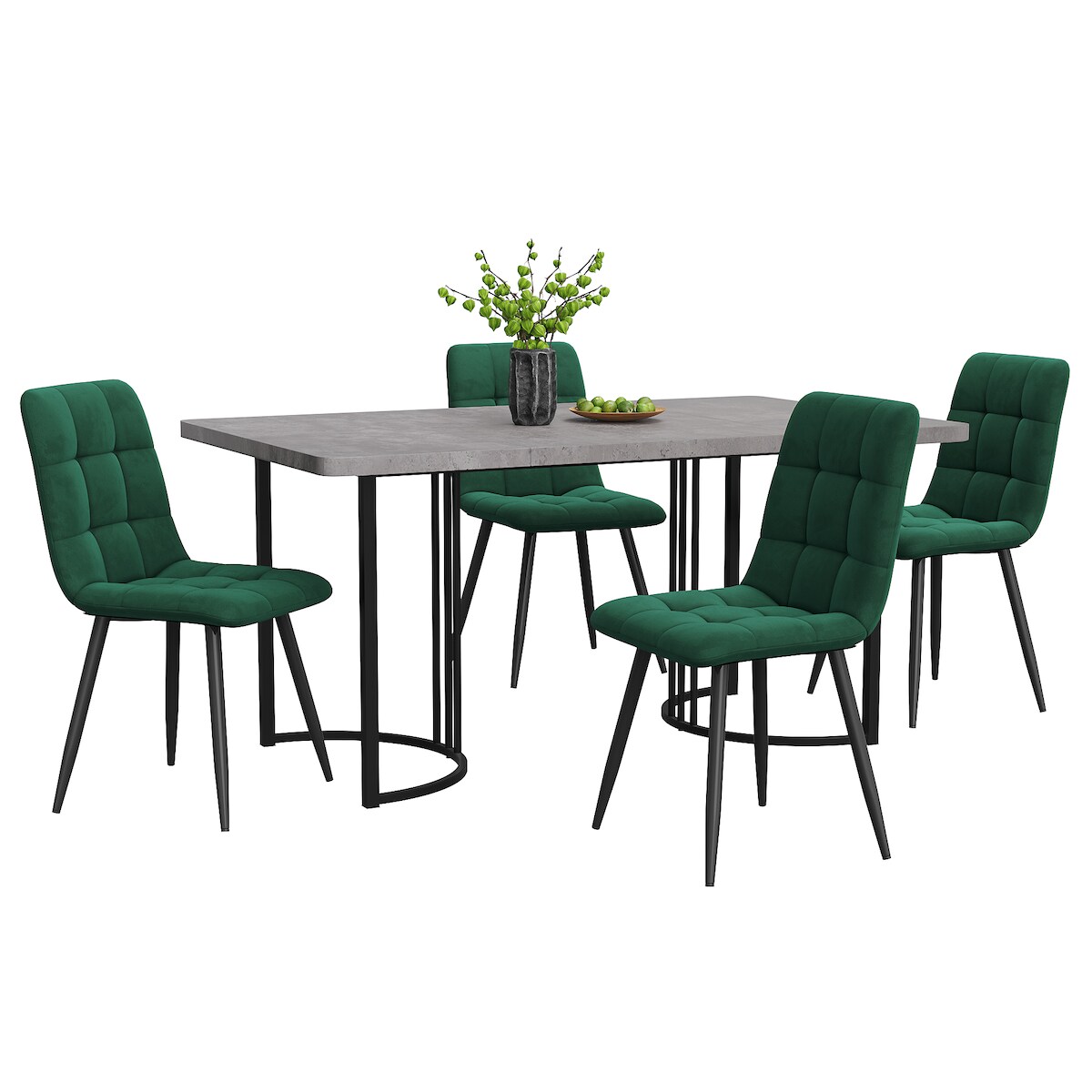 OKWISH Essgruppe 140x80x75 cm, 5-teilig mit 4 Samt-Stühlen Dunkelgrün, MDF Tischplatte Grau mit Marmor-Muster, Metallbeine Image