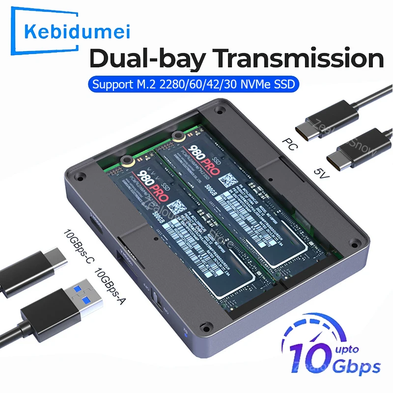 Dual-Bay M.2 NVME SSD-Gehäuse USBC 3.2 GEN2 10 Gbit/s Dockingstation M.2 NVME PCI-E Externe Festplattenbox für M2 SSD M/B&M Key Image