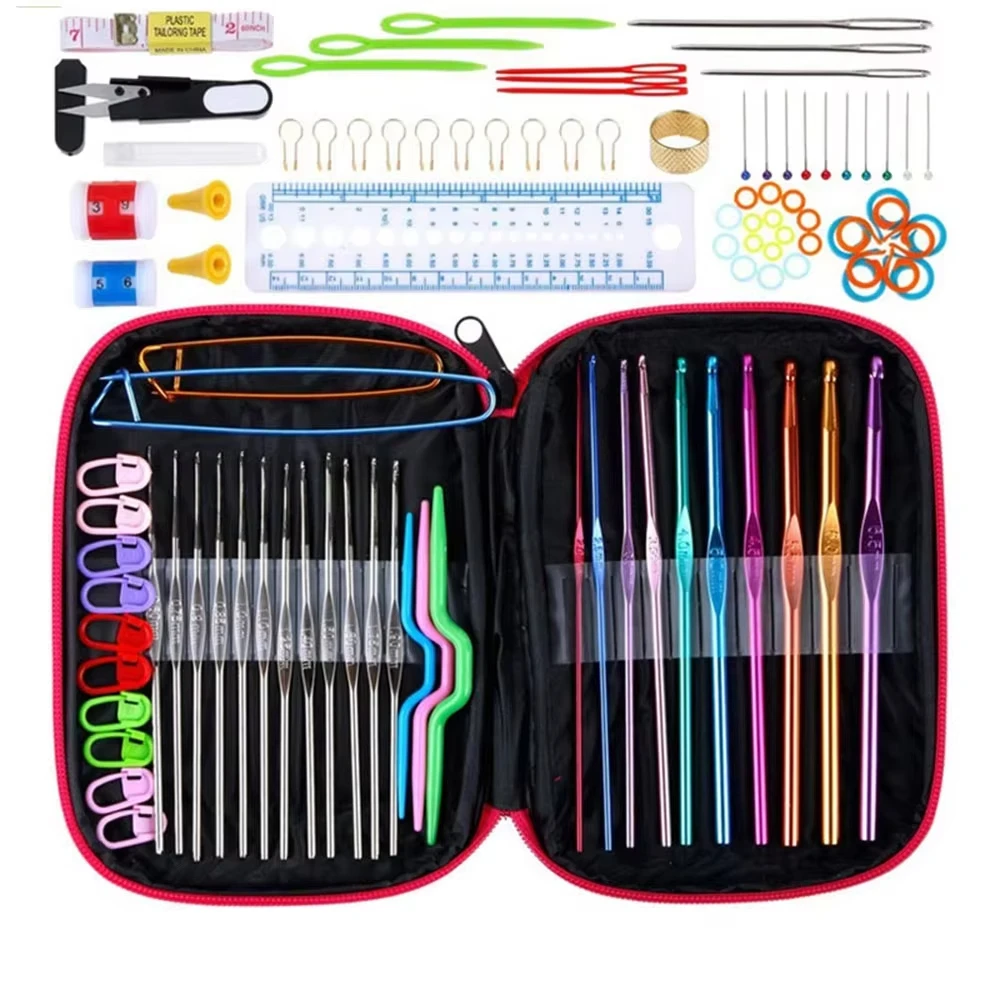 100 teile/satz Metall Häkeln Haken Set Soft Grip Ergonomische Häkeln Nadeln Gauge Schere Haushalt Tool Kit für DIY Stricken Werkzeuge Image
