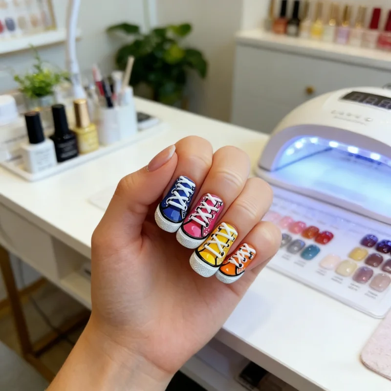 24-teilig mit Canvas-Schuh-Stil und künstlichen Nägeln in schwarzer Linie, mittellange Nagelstücken im Ballett-Stil, glänzende Nagelstücke Image