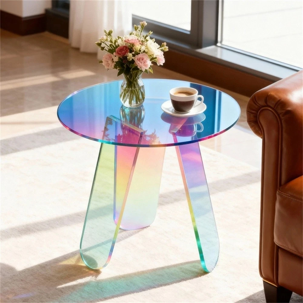 Beistelltisch aus Acryl, schillernder Regenbogen-Couchtisch mit PVC-Tischabdeckung, transparente Acrylmöbel, runder, klarer Nachttisch Image