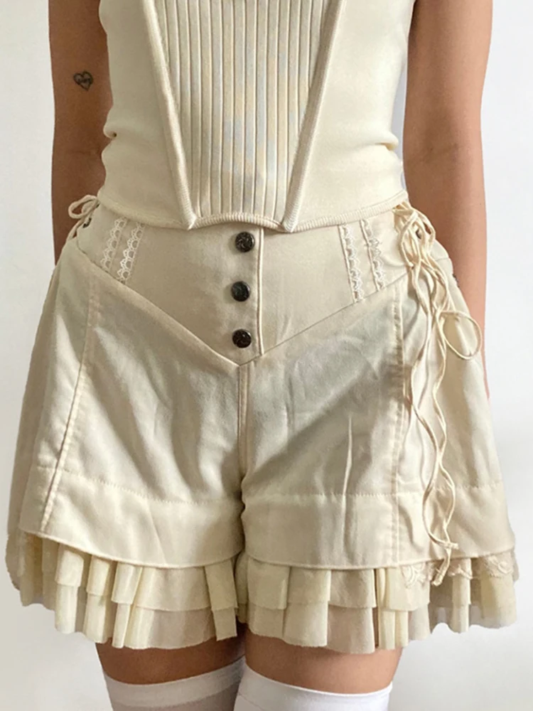 Y2K Fairycore Vintage 2000er Jahre Shorts mit hoher Taille, Baggy-Rüschenhose, seitliche Bandagen, Knopfverschluss, lässige Damen-Shorts Image