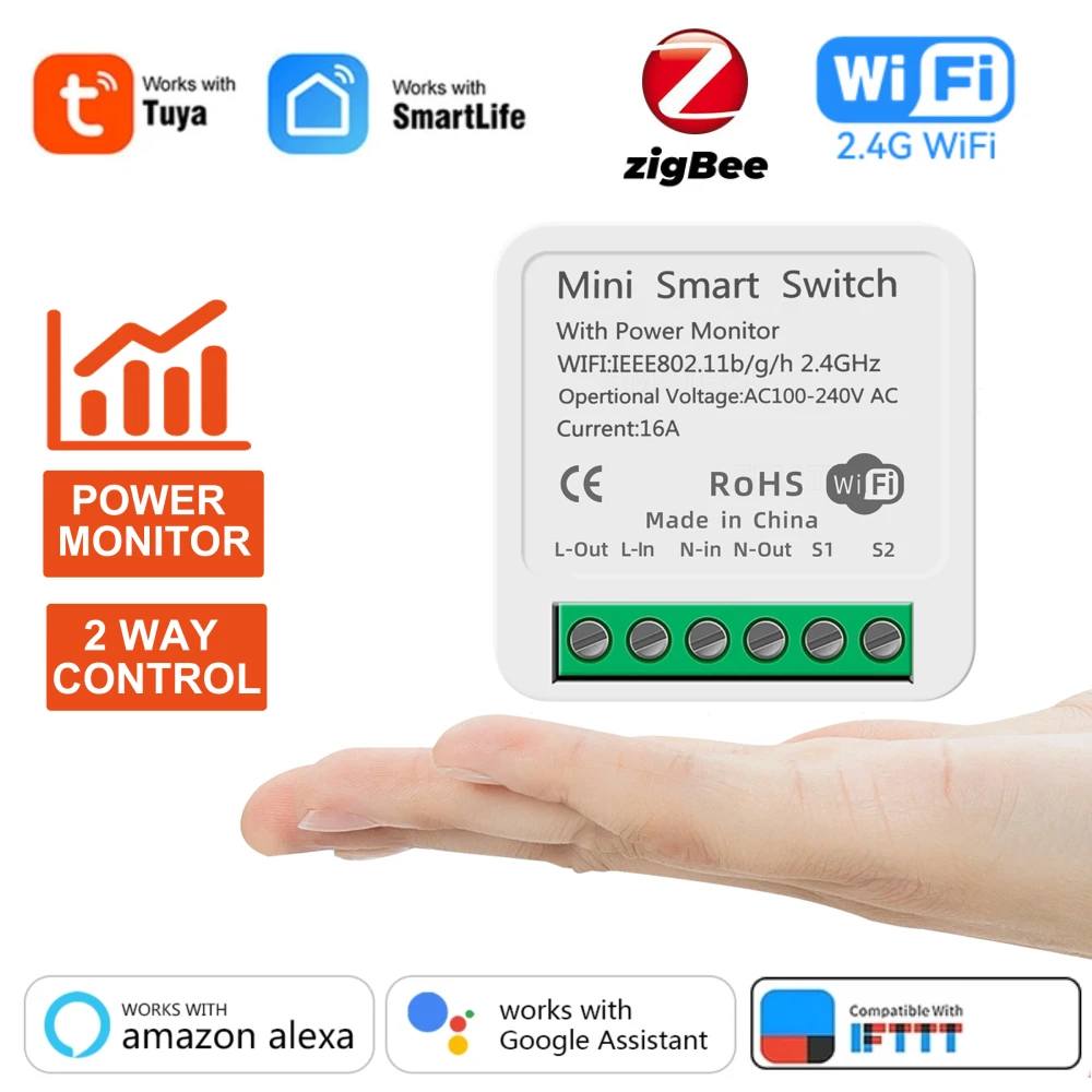 Tuya 16A ZigBee WiFi Smart Switch Modul mit Power Monitor 2-Wege-Steuerungsschalter Funktioniert mit Alexa Google Home Smart Life APP Image