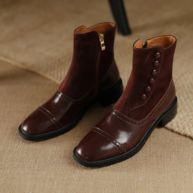 Heißer Karree Frauen Stiefel Winter Niet Schnalle ZIP Brogues Retro Kurze Stiefel Starke Ferse Stiefeletten Mode Flock Frauen schuhe