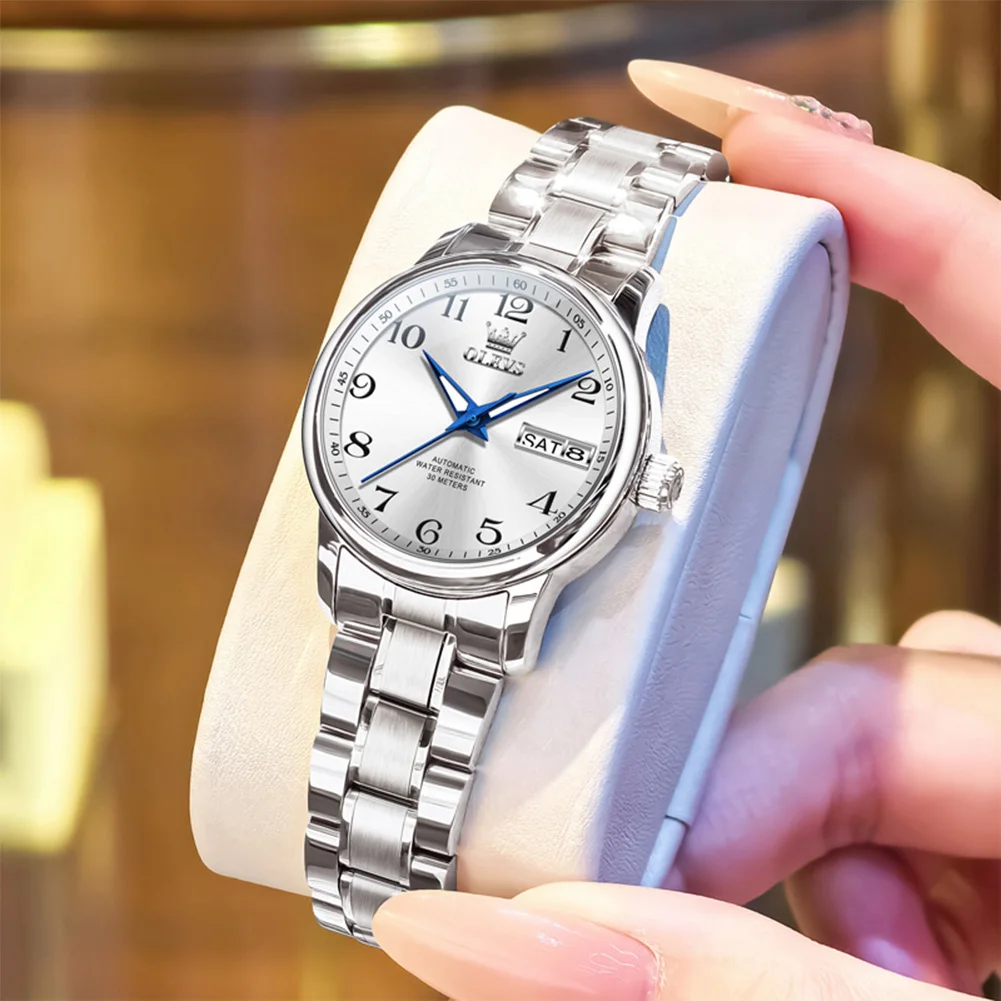 OLEVS Damen-Mechanische Uhr, einfacher Stil, automatische Armbanduhr, elegante Damenuhr, Kalender, 30 m wasserdicht