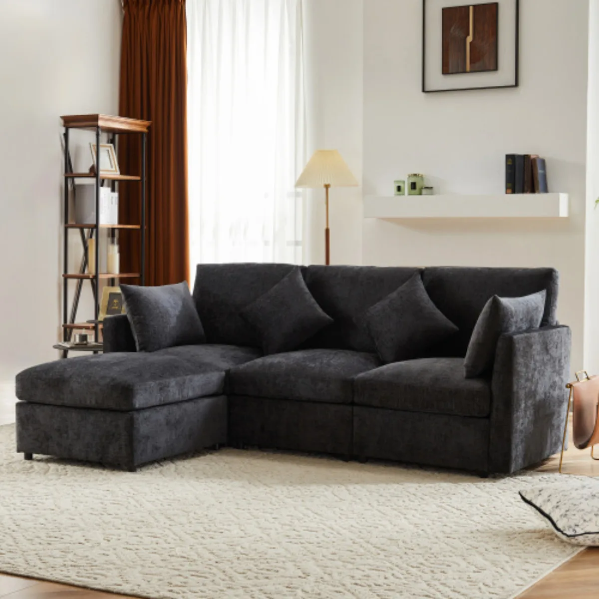 Modernes Chenille-Sofa – L-förmiges Ecksofa mit Ottomane, 3/4-Sitzer, für Wohnungen, Video verfügbar Image