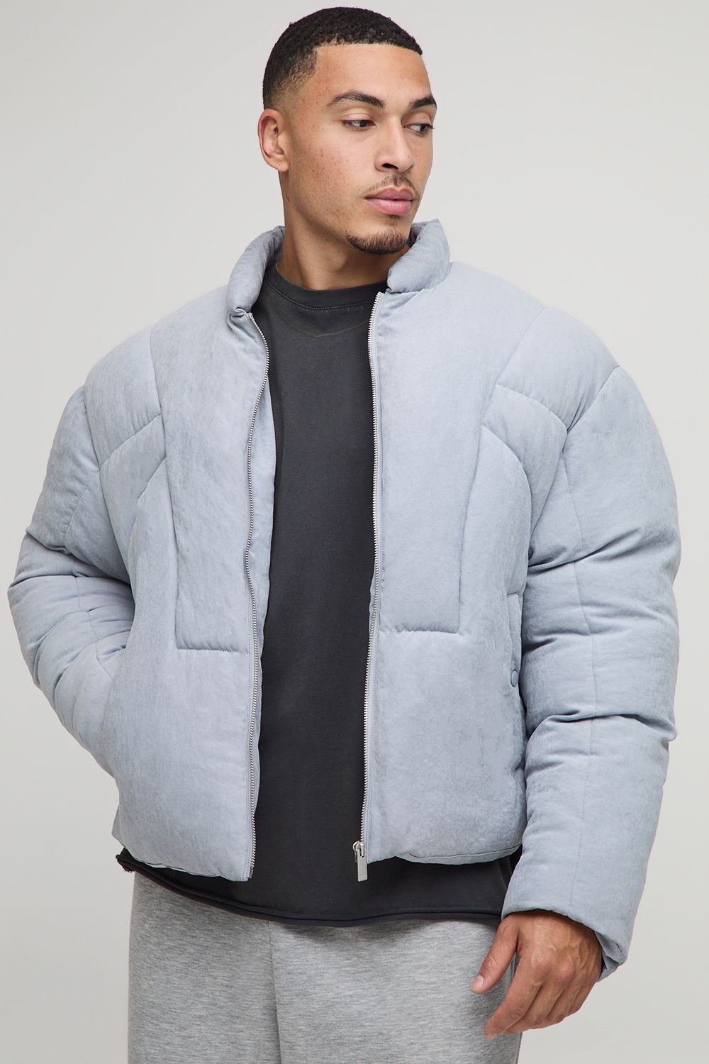 Boohooman Mens Boxy Fit Washed Nylon Duvet Funnel Neck Puffer Jacket - Light Blue - Size X-large | Boohooman Sale | Discount Designer Brands